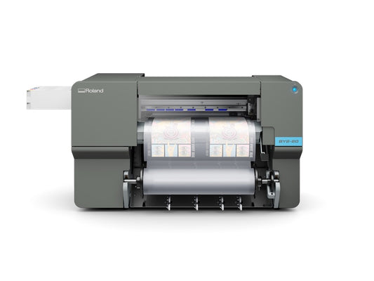 Roland VersaSTUDIO BY2-20 20-inch DTF printer, front view with film loaded