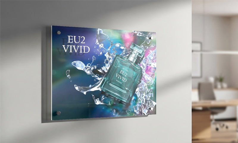 Graphics printed on transparent acrylic with white ink on the EU2-1000MF