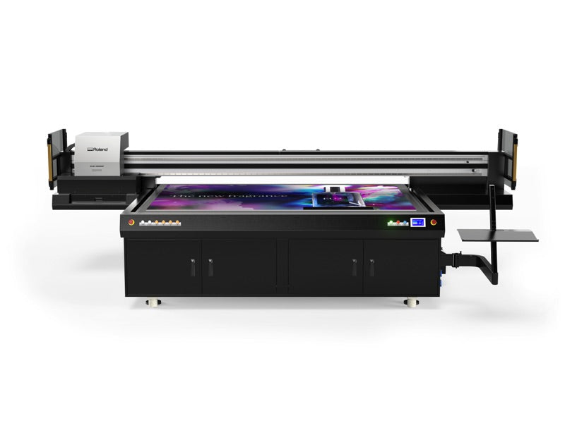 Roland EU2-1000MF large-format UV flatbed printer, front view with workstation