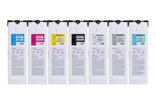 Roland EUV-H hard-surface UV ink, full seven-pouch set in 750 ml pouches