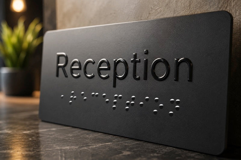 Reception sign with raised braille printed on the IO-300