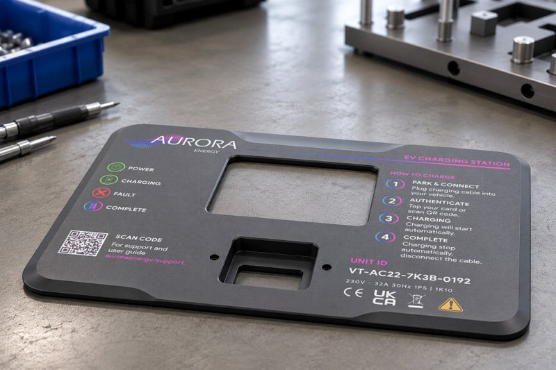 EV charging unit fascia panel printed on the IO-300