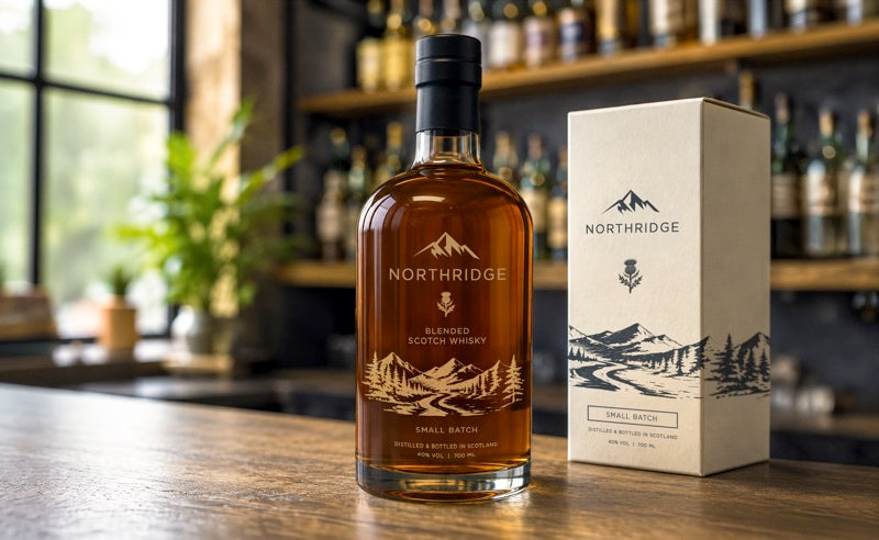 Whisky bottle and printed gift carton decorated with the IO-300
