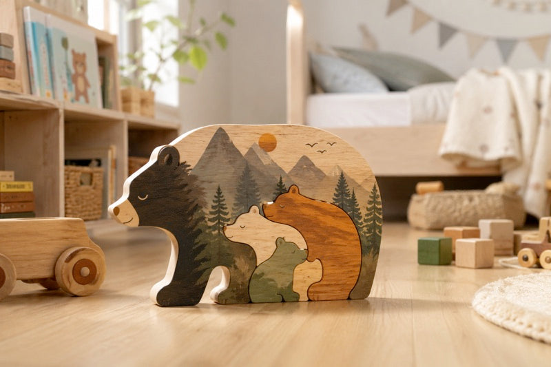 Layered wooden bear ornament printed with the IO-300