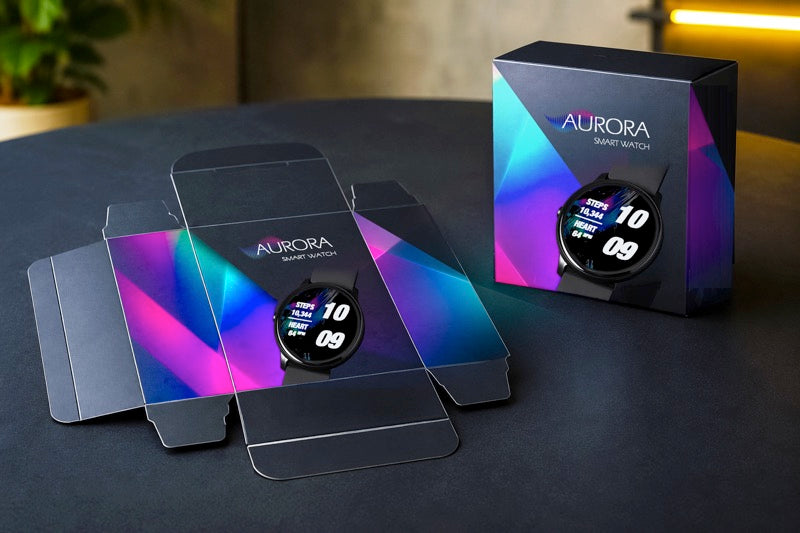 Printed retail packaging for a smartwatch produced on the Roland IO-300 UV flatbed