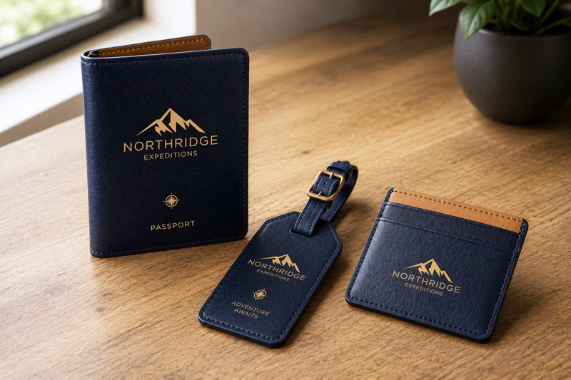 Branded leather passport holder and luggage tags printed on the IO-300