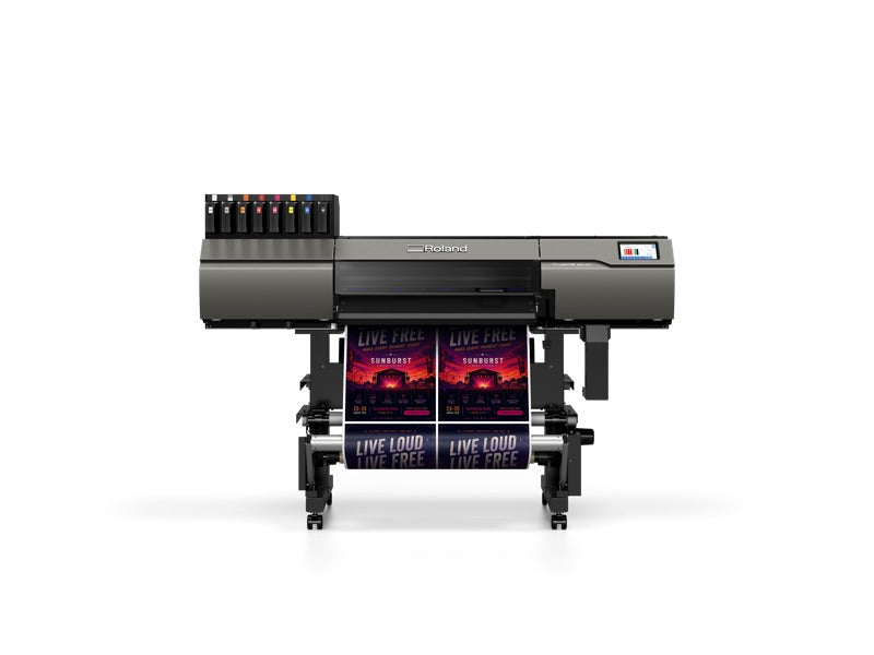 Roland TrueVIS MG2-300 30-inch UV printer/cutter, front view, printing festival posters