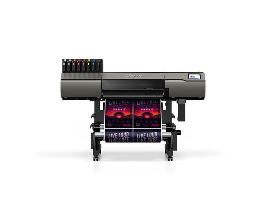 Roland TrueVIS MG2-300 30-inch UV printer/cutter, front view, printing festival posters