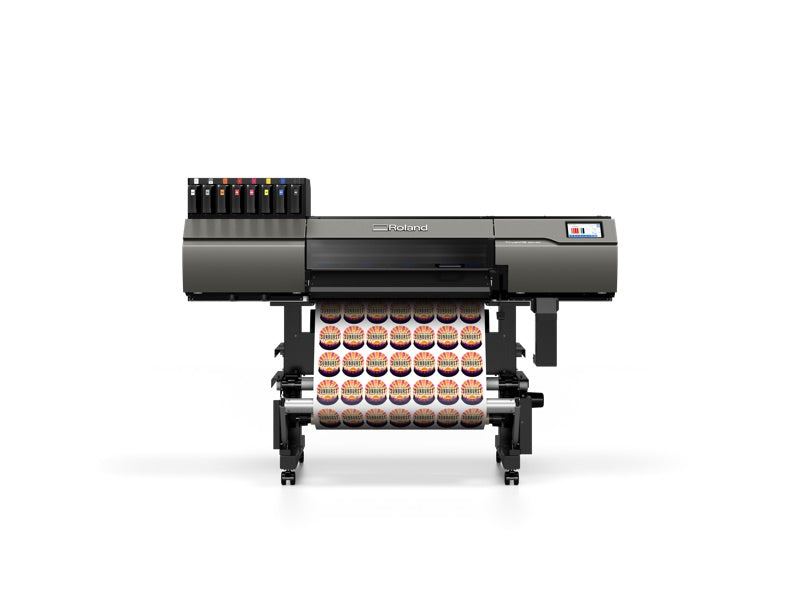 Roland TrueVIS MG2-300 UV printer/cutter, front view, printing a sticker sheet