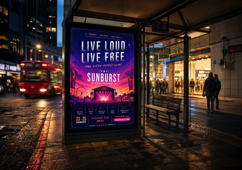 Backlit festival poster in a bus-shelter lightbox, printed on a Roland MG2 Series UV printer/cutter