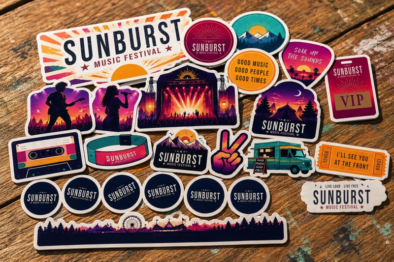 Contour-cut festival stickers and decals produced on a Roland MG2 Series printer/cutter