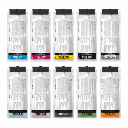 Roland TrueVIS TR2 eco-solvent ink, nine colours with the TR2-CL cleaning cartridge, 500 ml pouches